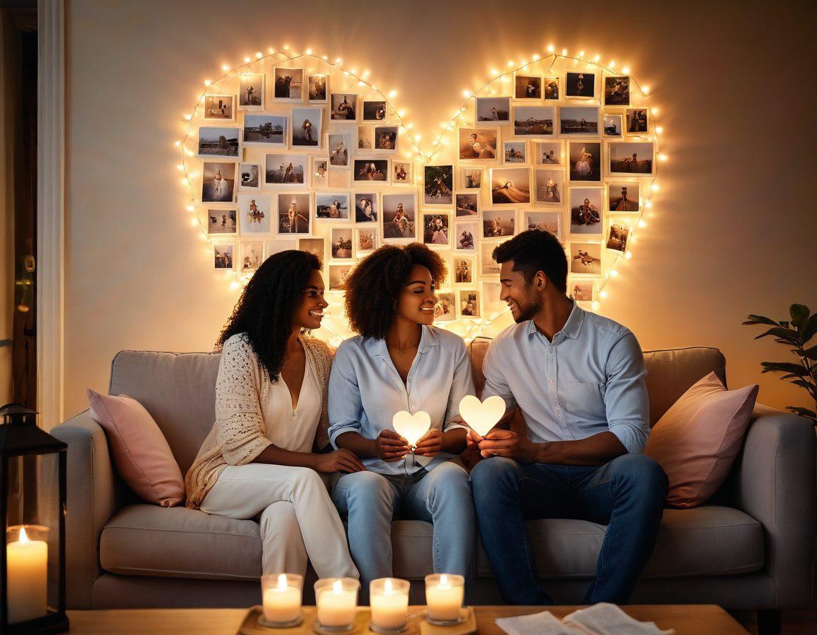 A warm, inviting scene of a couple holding hands while sitting on a cozy couch, surrounded by soft candlelight. In the background, a heart-shaped collage of memories, including photos and mementos they've shared. The atmosphere should feel intimate and romantic, with gentle colors that evoke a sense of love and connection. super-realistic. soft lighting. warm tones.